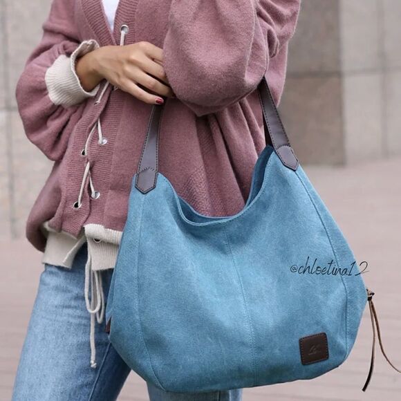 NEW COTTON Canvas Handbag Tote Purse White/Beige Large Size Choose Color Hobo - Picture 8 of 16